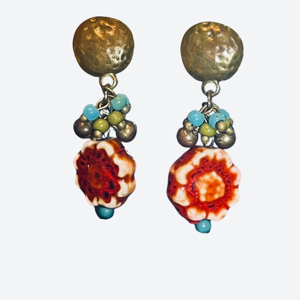 Handmade Ceramic Flower Dangle Earrings | Boho Artisan Clip-Ons, Earthy Eclectic